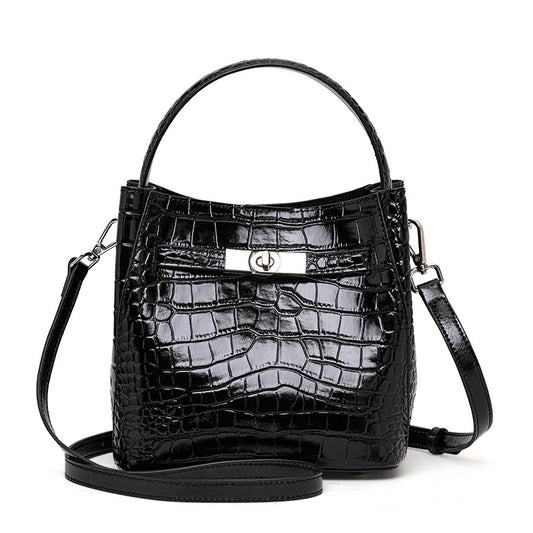 Genuine Cowhide,Crocodile Glossy Grain,Bucket Bag,Women Convertible Crossbody Bag,Hand Carry,Cross Shoulder Carry,Daily Commute,Short Travel
