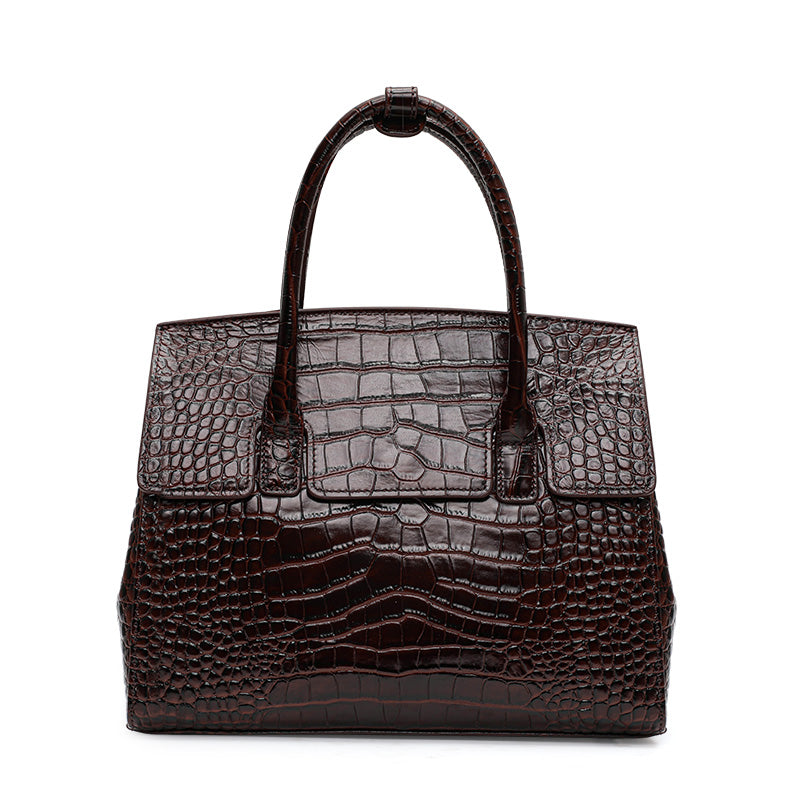 Genuine Cowhide Women Tote Bag,Glossy Crocodile Grain Structured Trapezoid Handbag Multi Compartment Internal Storage Pockets