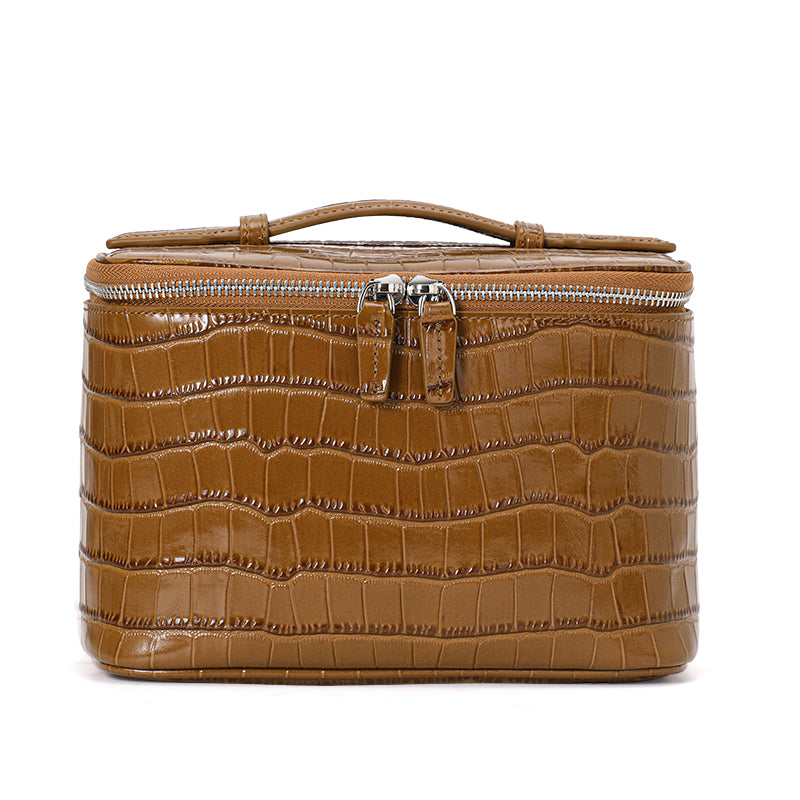 Genuine Cowhide Womens Cosmetic Case,Crocodile Embossed Structured Handheld Multi Compartment Travel Makeup Organizer