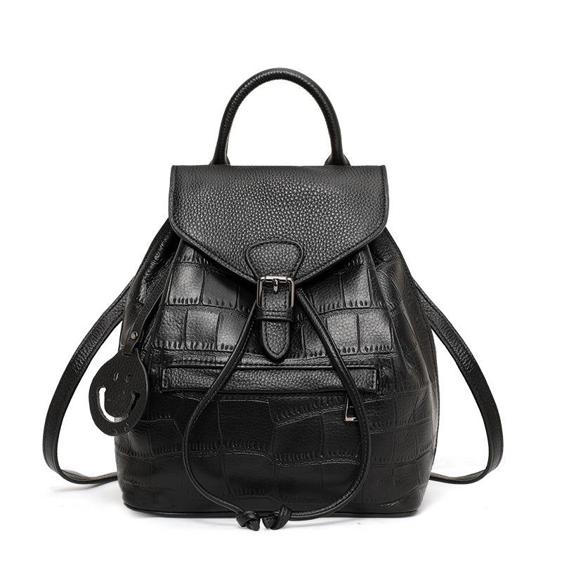 Genuine Cowhide Womens Backpack,Crocodile Embossed Drawstring Daypack,Flap Buckle Multi Pocket Travel Shoulder Bag
