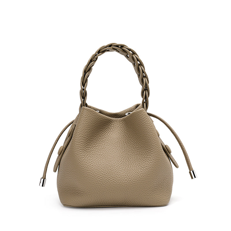 Genuine Cowhide Womens Mini Bucket Bag,Braided Handle Drawstring Crossbody Purse,Pebbled Leather Portable Daily Storage Pouch