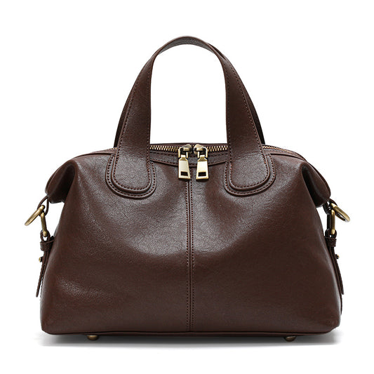 Genuine Cowhide Women's Bag, Dual Removable Straps Pillow Duffle Handbag, Multi-Pocket Vintage Daily Travel Crossbody Purse