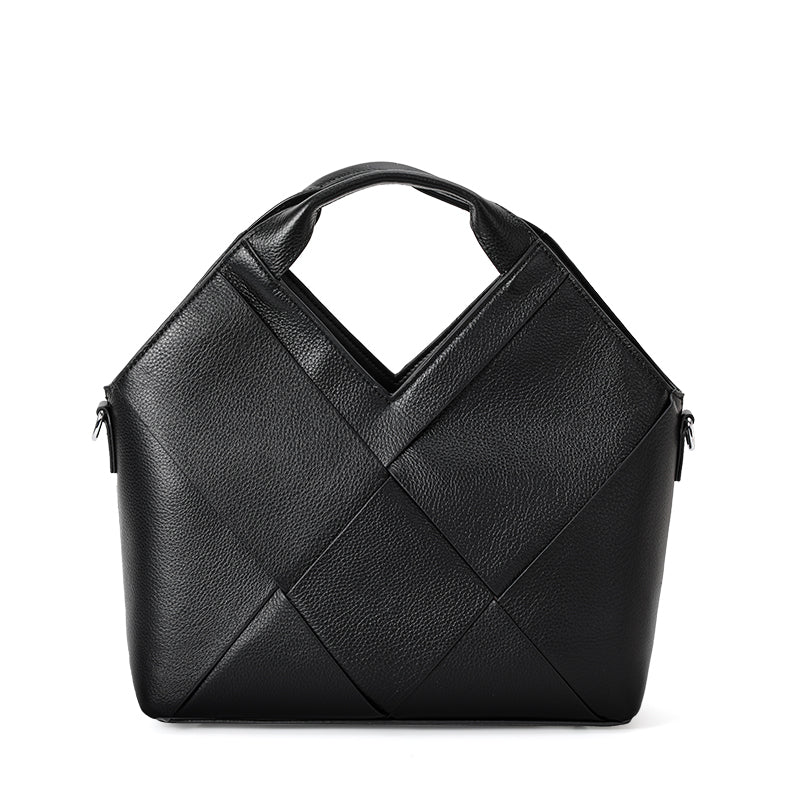 Genuine Cowhide Womens Handheld Tote Bag,Pebbled Diamond Woven Shoulder Purse,Black Large Capacity Business Commute Handbag