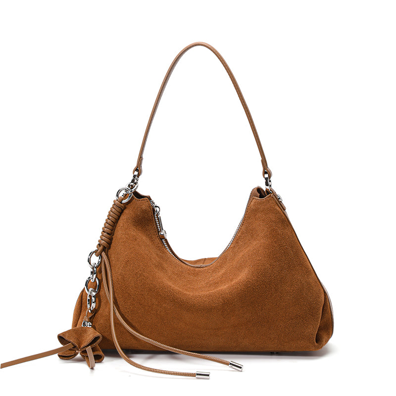 Genuine Cowhide Womens Bag,Matte Suede Crescent Hobo,Detachable Adjustable Strap,Tassel Decor Underarm Shoulder Handbag