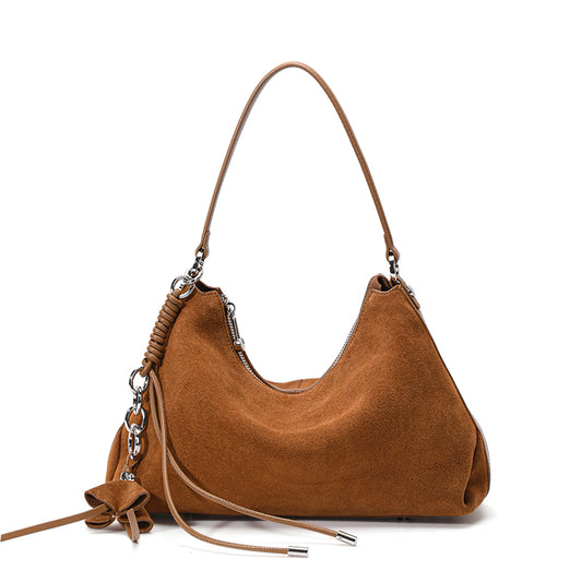 Genuine Cowhide Women's Bag, Matte Suede Crescent Hobo, Detachable Adjustable Strap, Tassel Decor Underarm Shoulder Handbag
