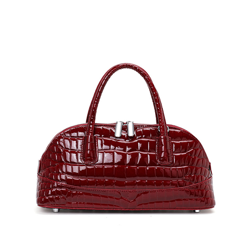 Genuine Cowhide Womens Handheld Crossbody Bag,Glossy Crocodile Embossed Shell Purse,Detachable Strap Vintage Evening Handbag
