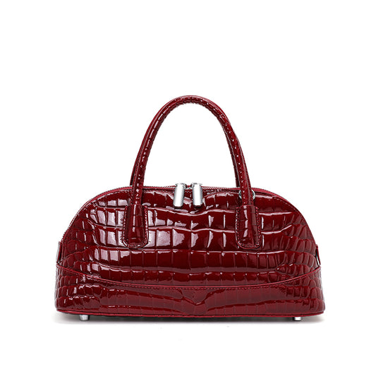 Genuine Cowhide Women's Handheld Crossbody Bag, Glossy Crocodile Embossed Shell Purse, Detachable Strap Vintage Evening Handbag