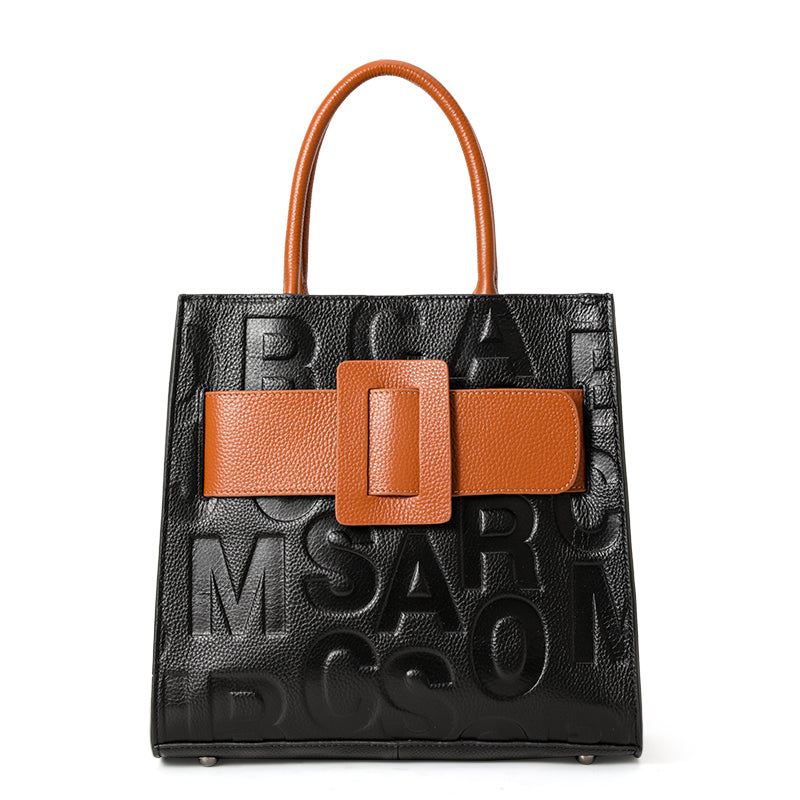 Genuine Cowhide Womens Handheld Tote Bag,Embossed Letter Square Handbag,Two Tone Buckle Large Capacity Office Purse With Multi Layer Inner Pockets