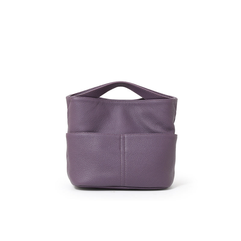Genuine Cowhide Lightweight Mini Tote Handbag,Adjustable Shoulder Strap Open Top Multi Layer Storage Minimal Daily Womens Crossbody Bucket Bag