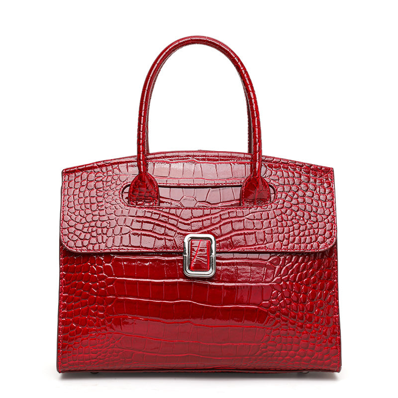 Genuine Cowhide,Glossy Crocodile Grain,Flap Tote Bag,Women Convertible Work Bag,Hand Carry,Cross Shoulder Carry,Office Commute,Business Trip