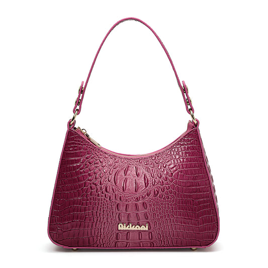 Genuine Cowhide Women's Shoulder Underarm Bag, Matte Crocodile Embossed Crescent Purse, Adjustable Strap Daily Commute Handbag