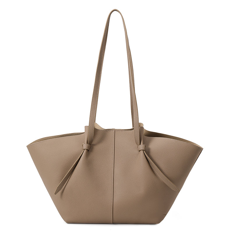 Genuine Cowhide Womens Shoulder Tote Bag,Pebbled Fan Shaped 子母 Purse,Apricot Large Capacity Commute Handbag With Drawstring Inner Pouch