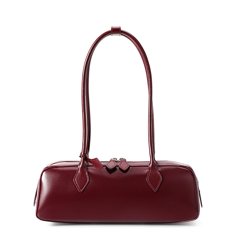 Genuine Cowhide Womens Underarm Shoulder Bag,Smooth Glossy Barrel Handbag,Burgundy Vintage Commute Cylinder Purse