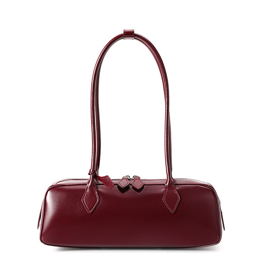 Genuine Cowhide Women's Underarm Shoulder Bag, Smooth Glossy Barrel Handbag, Burgundy Vintage Commute Cylinder Purse