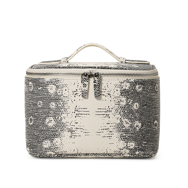 Genuine Cowhide Womens Makeup Case,Snake Print Handheld Cosmetic Organizer,Large Capacity Portable Travel Wash Bag