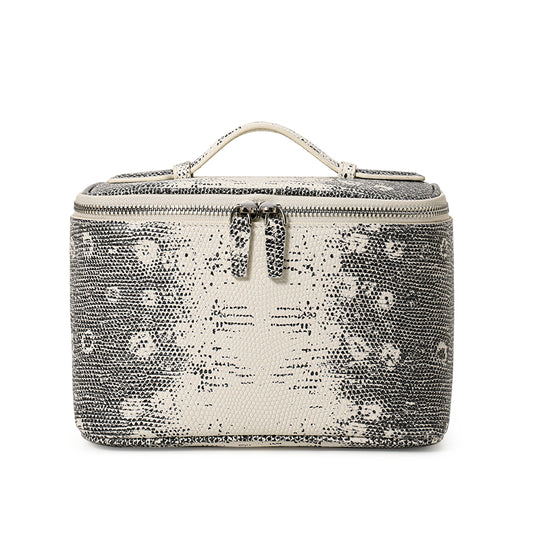 Genuine Cowhide Women's Makeup Case, Snake Print Handheld Cosmetic Organizer, Large Capacity Portable Travel Wash Bag