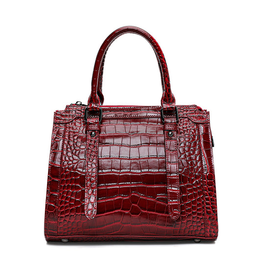 Genuine Cowhide Women's Bag, Glossy Croc Embossed Structured Tote, Detachable Shoulder Strap Large Business Handbag