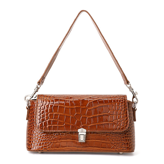 Genuine Cowhide,Glossy Crocodile Grain,Flap Underarm Bag,Vintage Adjustable Crossbody Bag,Single Cross Carry,Daily Leisure Travel
