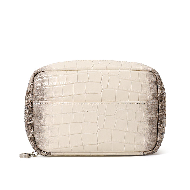 Genuine Cowhide Womens Makeup Pouch,Gradient Croc Embossed Case,Multi Internal Pocket Portable Travel Cosmetic Storage Bag