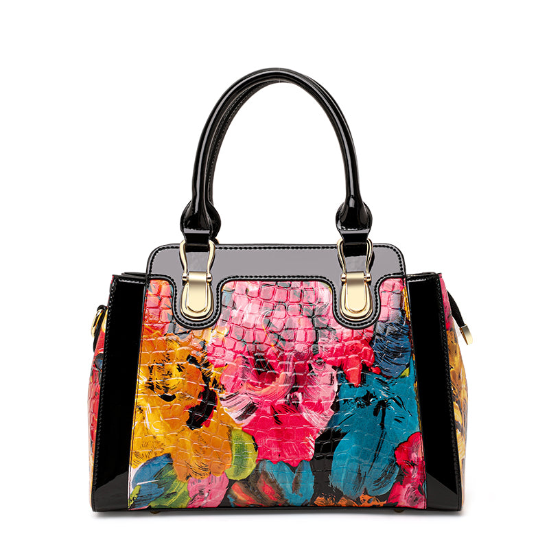 Genuine Cowhide,Glossy Floral Crocodile Grain,Top Handle Satchel Bag,Art Print Women Convertible Handbag,Hand Carry,Cross Shoulder Carry,Daily Commute,Party Travel