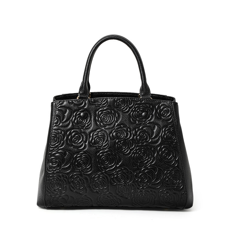 Genuine Cowhide Embossed Rose Floral Womens Commute Handbag,Horizontal Spacious Multi Pocket Business Crossbody Shoulder Tote Purse