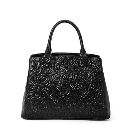 Genuine Cowhide Embossed Rose Floral Womens Commute Handbag,Horizontal Spacious Multi Pocket Business Crossbody Shoulder Tote Purse
