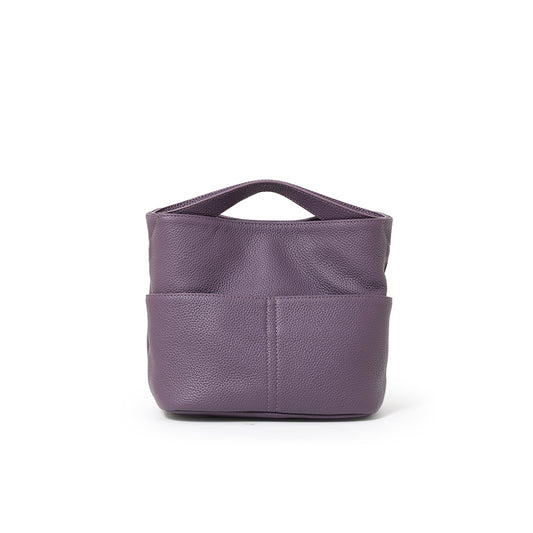 Genuine Cowhide Lightweight Mini Tote Handbag,Adjustable Shoulder Strap Open Top Multi Layer Storage Minimal Daily Womens Crossbody Bucket Bag