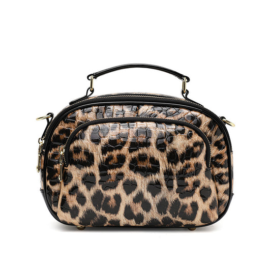 Top Layer Cowhide Women's Crossbody Bag, Glossy Croc Leopard Print Oval Camera Bag with Wide Adjustable Strap and Multiple Pockets