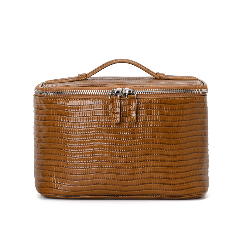 Genuine Cowhide Womens Cosmetic Case,Lizard Embossed Structured Handheld Large Capacity Multi Compartment Travel Toiletry Organizer