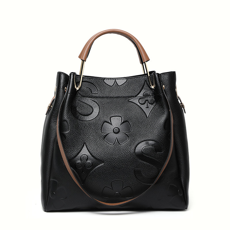 Genuine Cowhide Embossed Floral Large Soft Tote Handbag Women Detachable Wide Shoulder Strap Multi Pocket Daily Commute Travel Bag With Matching Pouch