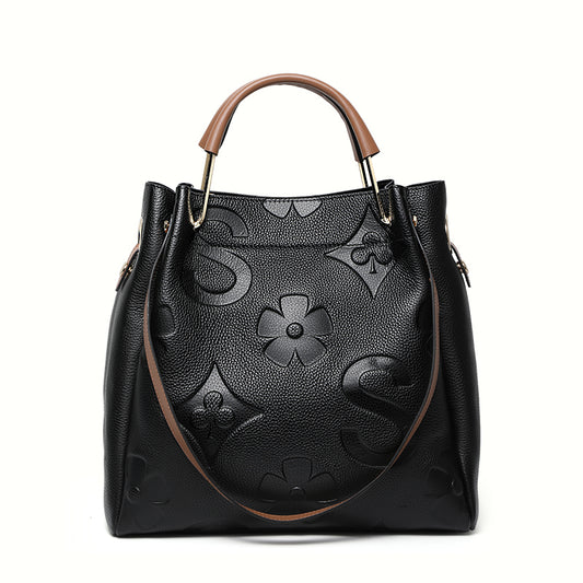 Genuine Cowhide Embossed Floral Large Soft Tote Handbag Women Detachable Wide Shoulder Strap Multi Pocket Daily Commute Travel Bag With Matching Pouch