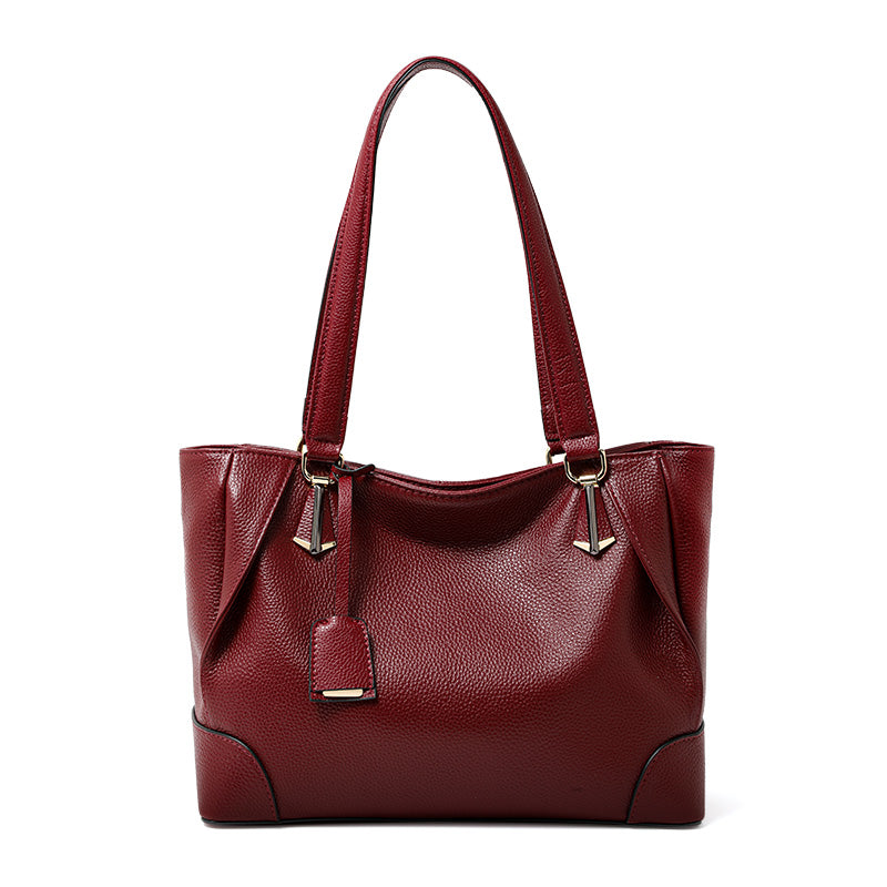 Genuine Cowhide Pebbled Leather Womens Large Capacity Tote Bag,Wine Red Multi Compartment Adjustable Single Shoulder Handbag