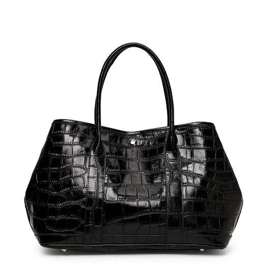Genuine Cowhide, Glossy Crocodile-Embossed, Open-Top Large Tote Bag, Women's Lightweight Convertible Bag, Hand Carry, Shoulder Carry, Office Commute, Daily Travel