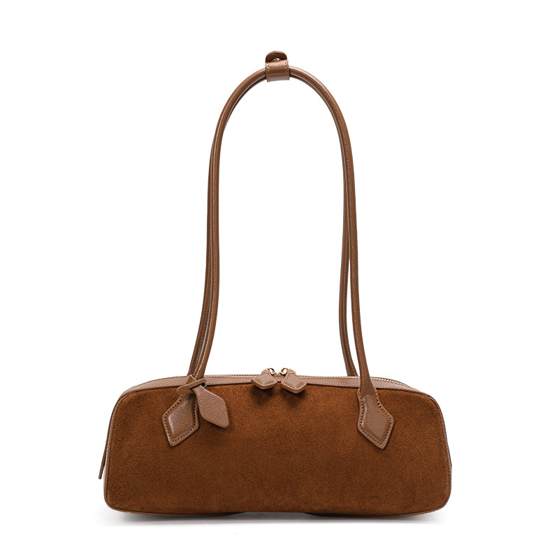 Genuine Suede Cowhide Womens Barrel Bag,Long Handheld Underarm Purse,Vintage Caramel Burgundy Single Shoulder Bag