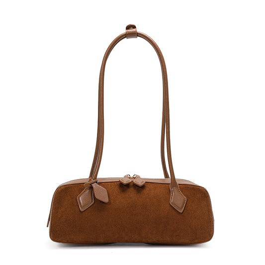 Genuine Suede Cowhide Women's Barrel Bag, Long Handheld Underarm Purse, Vintage Caramel Burgundy Single Shoulder Bag