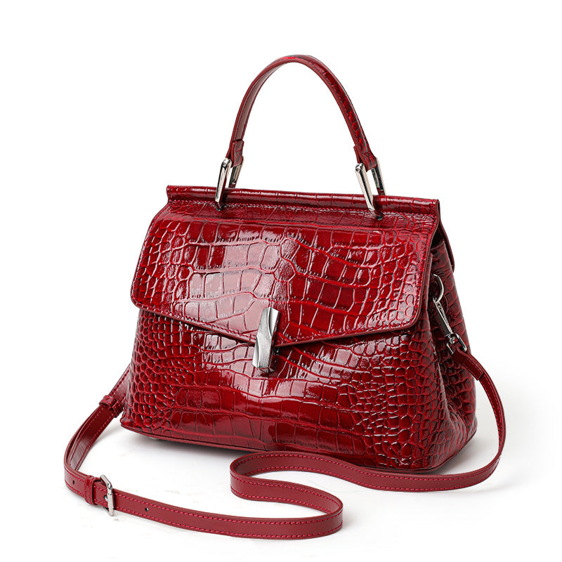 Genuine Cowhide,Glossy Crocodile Grain,Flap Handheld Bag,Vintage Women Adjustable Crossbody Bag,Hand Carry,Cross Shoulder Carry,Daily Commute,Party Trip