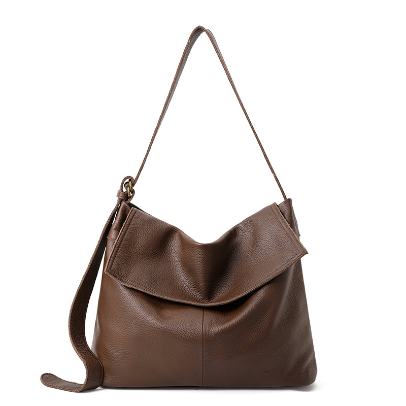 Genuine Cowhide Womens Flap Shoulder Tote,Pebbled Grain Large Capacity Hobo,Multi Compartment Crossbody Carry Bag