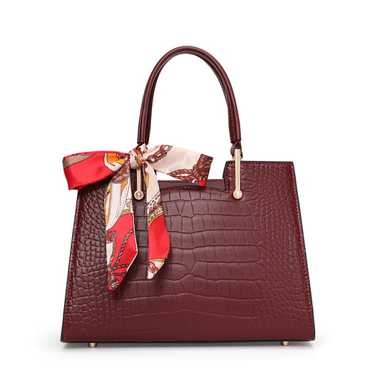 Genuine Cowhide Women's Tote Bag, Crocodile Grain Trapezoid Handbag, Detachable Crossbody Strap, Multiple Inner Pockets