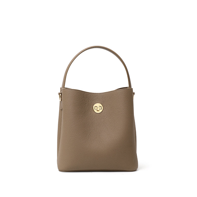 Genuine Cowhide Lightweight Bucket Handbag,Detachable Wide Narrow Straps Twist Lock Simple Everyday Womens Handheld Shoulder Crossbody Bag