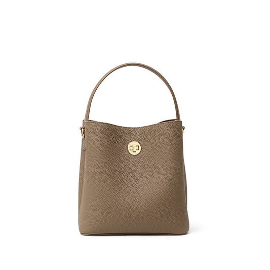 Genuine Cowhide Lightweight Bucket Handbag,Detachable Wide Narrow Straps Twist Lock Simple Everyday Womens Handheld Shoulder Crossbody Bag