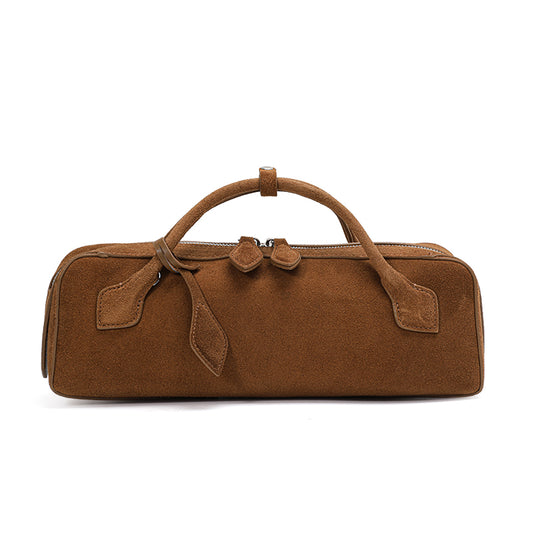 Genuine Suede Cowhide Women's Long Rectangular Handheld Bag, Retro Makeup Storage Clutch, Two-Color Portable Shoulder Pouch