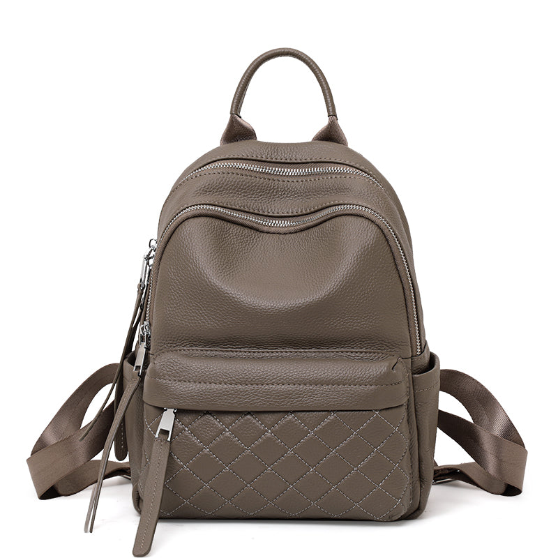 Genuine Cowhide Womens Backpack,Pebbled Quilted Multi Pocket Rucksack,Adjustable Wide Strap Anti Theft Travel Daypack