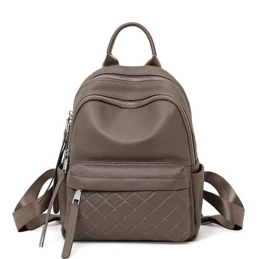 Genuine Cowhide Women's Backpack, Pebbled Quilted Multi-Pocket Rucksack, Adjustable Wide Strap Anti-Theft Travel Daypack