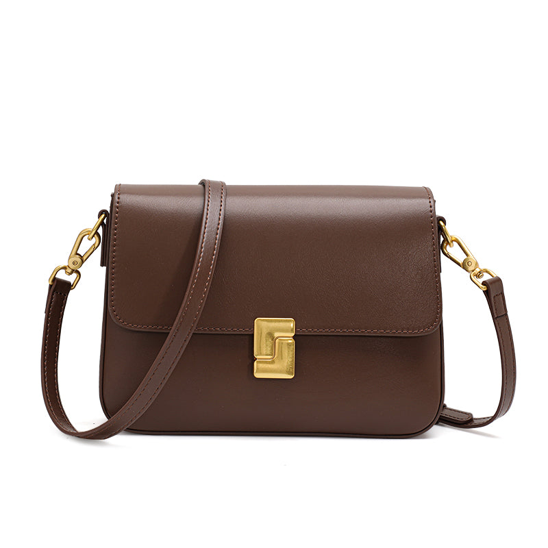 Genuine Cowhide Womens Shoulder Crossbody Bag,Smooth Plain Leather Flap Square Purse,Adjustable Strap Vintage Commute Handbag
