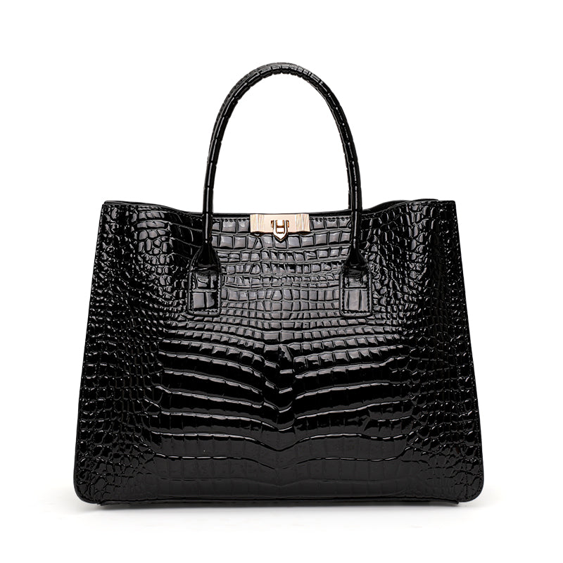 Genuine Cowhide Womens Tote Bag,Gloss Crocodile Embossed Structured Handbag,Detachable Strap Large Capacity Office Crossbody Purse