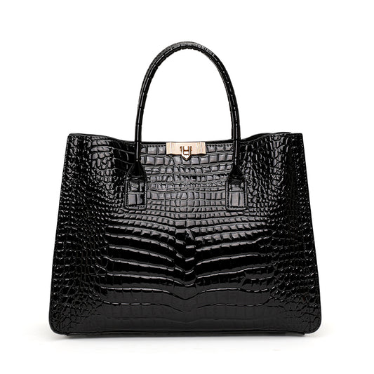 Genuine Cowhide Women's Tote Bag, Glossy Crocodile Embossed Structured Handbag, Detachable Strap Large Capacity Office Crossbody Purse