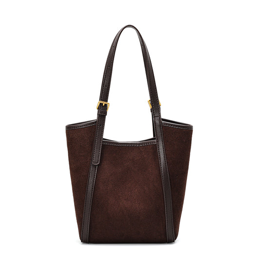 Genuine Cowhide Women's Bag, Suede Color Block Mini Vertical Tote Shoulder Bag, Multi-Pocket Matching Canvas Pouch Vintage Crossbody Purse