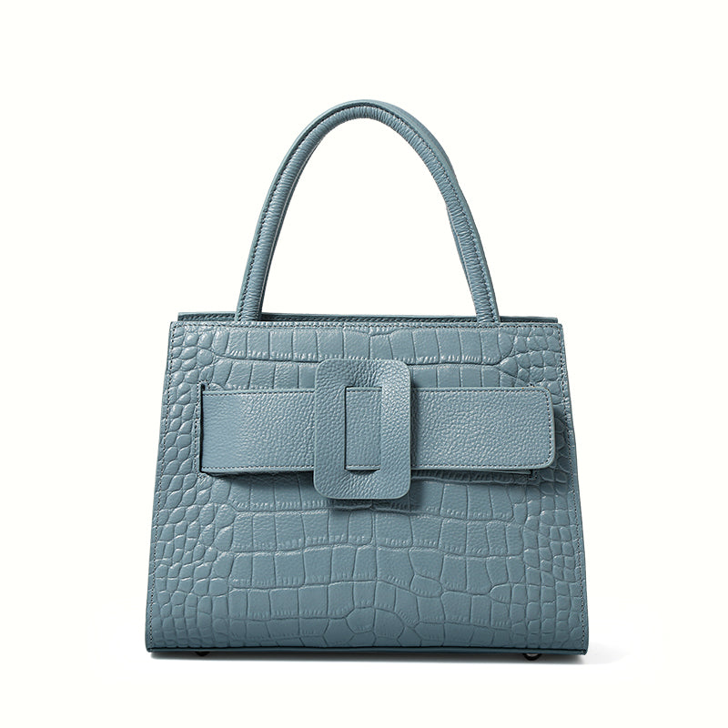 Genuine Cowhide Crocodile Embossed Womens Structured Tote Handbag,Two Color Multi Compartment Detachable Strap Shoulder Bag