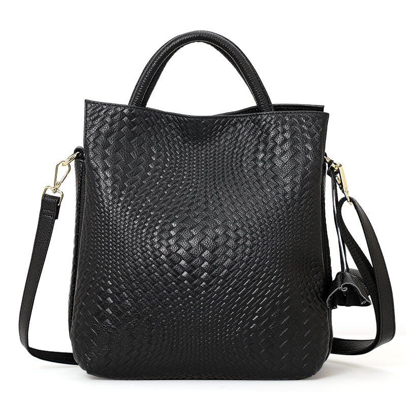 Genuine Cowhide Womens Woven Tote Handbag,Multi Color Vertical Shoulder Purse,Detachable Crossbody Strap Large Capacity Daily Bag