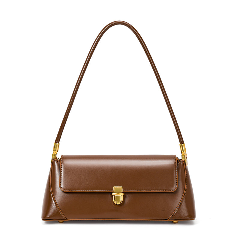 Genuine Cowhide Womens Underarm Shoulder Bag,Smooth Glossy Leather Retro Flap Handbag,Long Strap Rectangular Shoulder Purse
